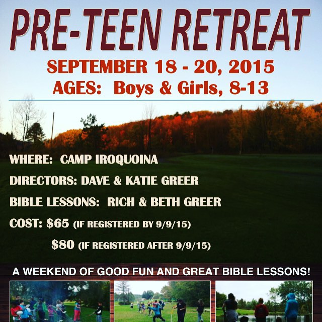 Pre-Teen Retreat this weekend! Please pray for all those coming up tonight, as well as for an exciting, safe, and life impacting weekend! For more info about other fall retreats, go to www.iroquoina.org/retreats