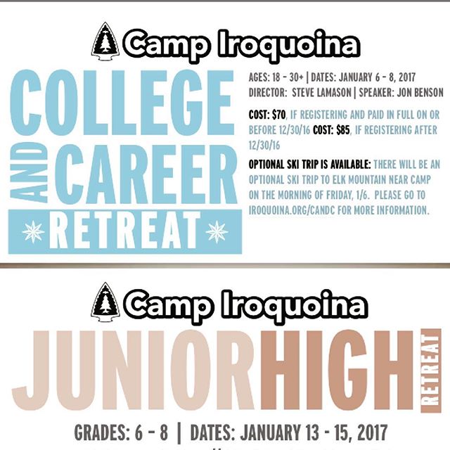 College and Career Retreat this Friday! Jr. High Retreat next Friday! Still time to register for both, so what are you waiting for!