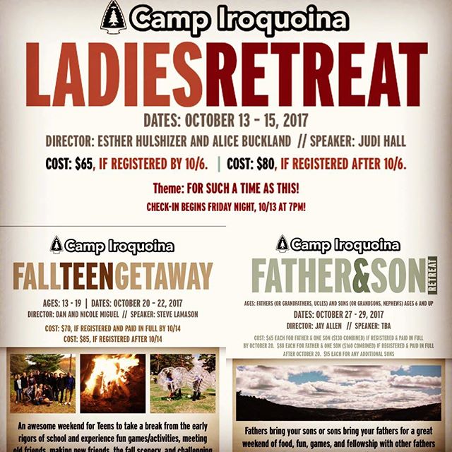 We just had a great weekend with the PreTeen Retreat! Next up is the Ladies Retreat in a few weeks! However, the other Fall Retreats are not to far behind! So you might want to get to registering for them if you haven't already! Get on it! #preteen2017  #ladiesretreat2017 #campiroquoina #fallretreats2017 #retreats