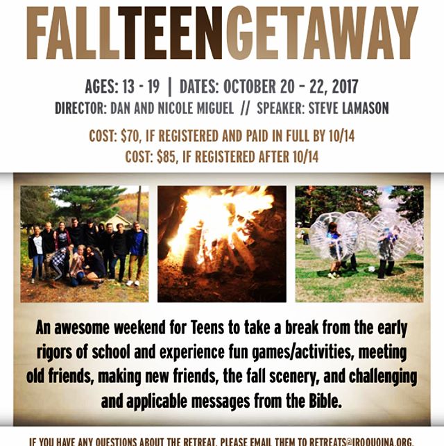 Here’s a quick reminder with some pics from last year, that the Fall Teen Getaway is NEXT FRIDAY(10/20)! As an URGENT note, we still do need kitchen help for that retreat. Please contact Camp if you can and are willing. Info is in the bio.