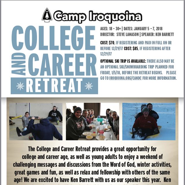 COLLEGE AND CAREER RETREAT STARTS TONIGHT! Please join us in praying for the retreat, the cold weather, safety for those traveling up, for our the speaker and messages, and for a great weekend! For you last minute people, if you still want to come, you can! There is still some room! #campiroquoina #winterretreats2018 #collegeandcareerretreat