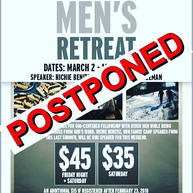 UPDATE: Due to the Severe Winter Weather today thru tomorrow in the Northern PA and Upstate NY area; as well as the potentially dangerous/hazardous driving conditions; we are Postponing the Men’s Retreat. We will have an update as soon as we decide when it is best to reschedule the retreat. Please Stay tuned. Stay safe.