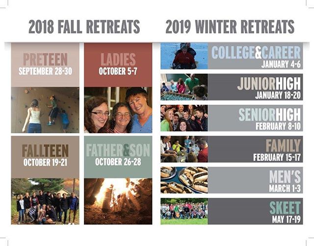 2018-2019 Retreat Dates! Fall Retreats are active and open for registration on the website! See the link in the bio! #campiroquoina #retreats #fallretreats #preteen2018 #ladies2018 #fallteen2018 #fatherandson2018