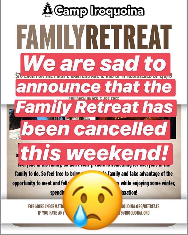 Unfortunately, we are sad to announce that we are cancelling the Family Retreat this weekend. We apologize for any inconvenience. Reminder, there are still two more winter retreats: the Men’s and Rescheduled Jr. High Retreat! Make sure to head to the website to register for them! #campiroquoina #winterretreats2019 #iroqmens2019 #iroqjrhigh2019
