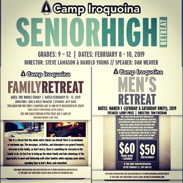 ALERT !!!1) Sr. High Retreat is this Friday! You can still register! 2) Family Retreat, NEXT Weekend! Early Registration Deadline this Friday! 3) Men’s Retreat is in March! Not too far away! 4) Jr. High Retreat RESCHEDULED to March 15-17! Registration is still open for that! #campiroquoina #winterretreats2019 #retreats #iroqsrhigh2019 #iroqfamily2019 #iroqmens2019 #iroqjrhigh2019