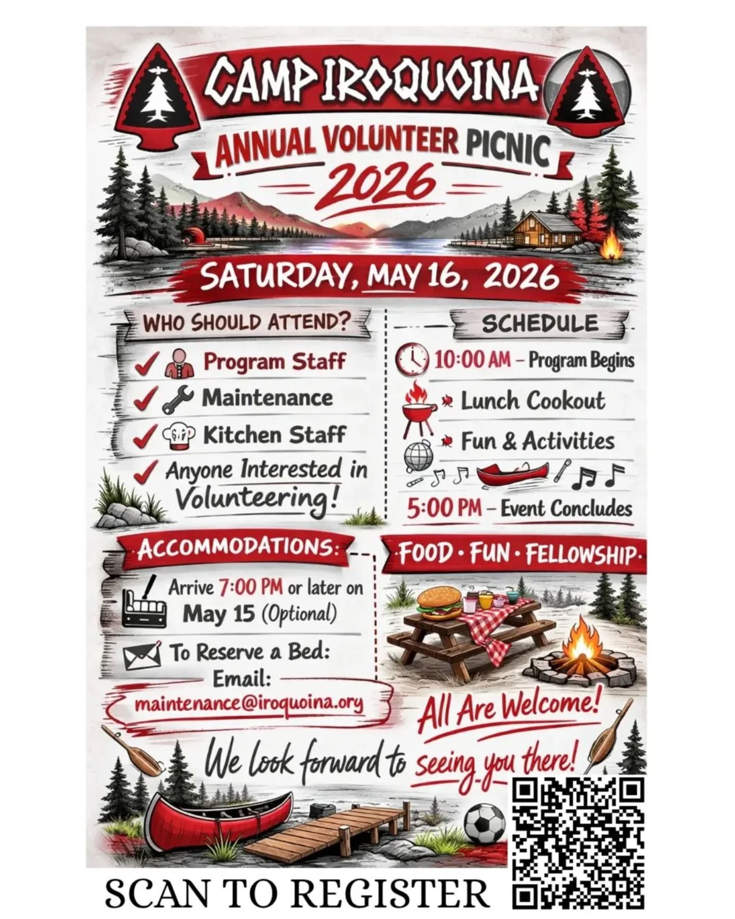 Join us at Camp Iroquoina for a free picnic on May 16 for all those volunteering or interested in volunteering this summer for program, maintenance, or kitchen staff!

Accommodations: Those coming up are welcomed to come the evening prior to get settled in and stay the night. Feel free to get to camp 7:00pm or later on May 16. Email maintenance@iroquoina.org if you will need accommodations so we can plan accordingly.

Connect With Volunteer Staff: Learn about opportunities within each program from volunteer staff representatives from our summer programs.

Food, Fun, and Fellowship: The program for the picnic will begin at 10:00am and last until 5:00pm. Come for the whole day or just for a few hours. We'll have a number of activities available and lunch will consist of a cookout.

Departure: The picnic will conclude around 5:00pm.

Questions? Email info@iroquoina.org.

Register today! (Link in bio)
