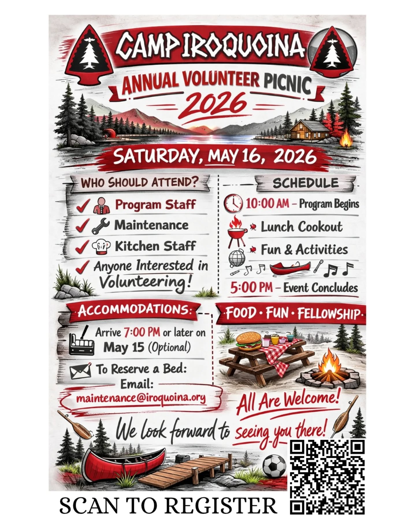 Join us at Camp Iroquoina for a free picnic on May 16 for all those volunteering or interested in volunteering this summer for program, maintenance, or kitchen staff!

Accommodations: Those coming up are welcomed to come the evening prior to get settled in and stay the night. Feel free to get to camp 7:00pm or later on May 16. Email maintenance@iroquoina.org if you will need accommodations so we can plan accordingly.

Connect With Volunteer Staff: Learn about opportunities within each program from volunteer staff representatives from our summer programs.

Food, Fun, and Fellowship: The program for the picnic will begin at 10:00am and last until 5:00pm. Come for the whole day or just for a few hours. We'll have a number of activities available and lunch will consist of a cookout.

Departure: The picnic will conclude around 5:00pm.

Questions? Email info@iroquoina.org.

Register today using the link in our bio!